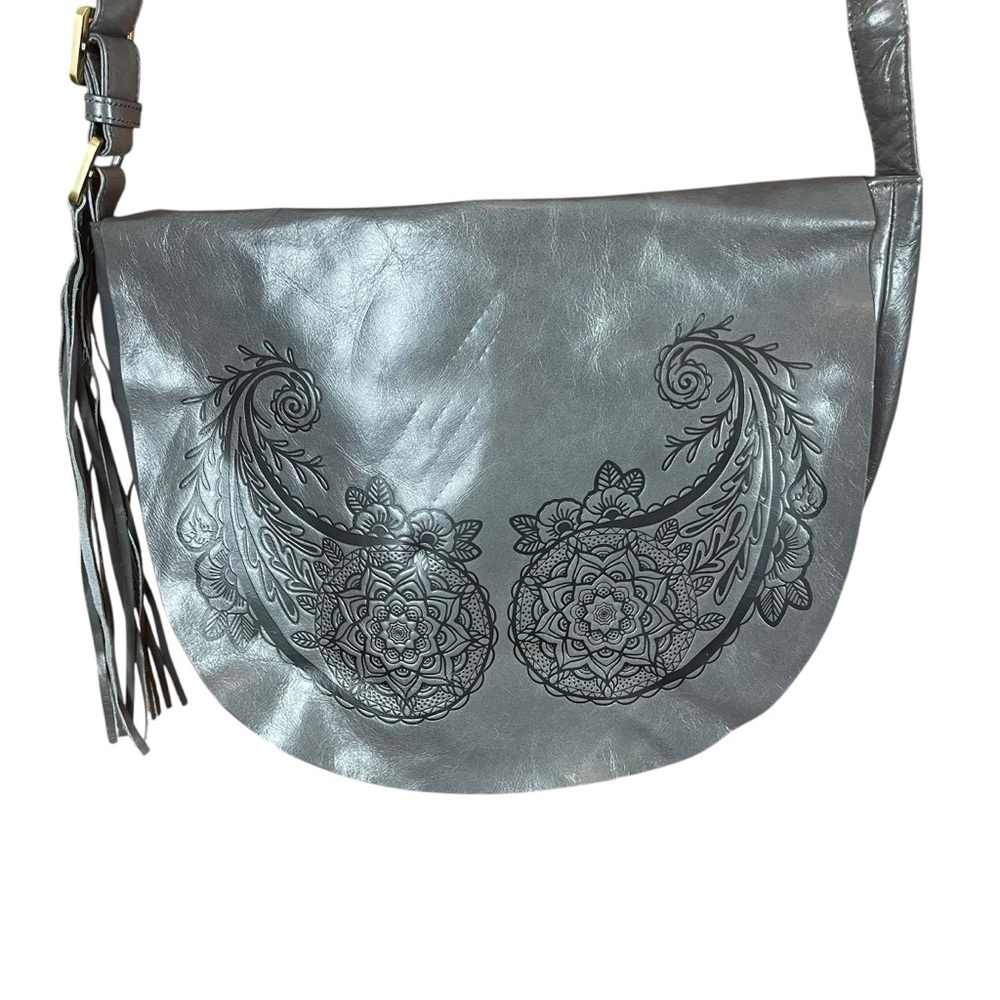 Hobo Inked Hide Leather Paisley Shoulder Bag Gray